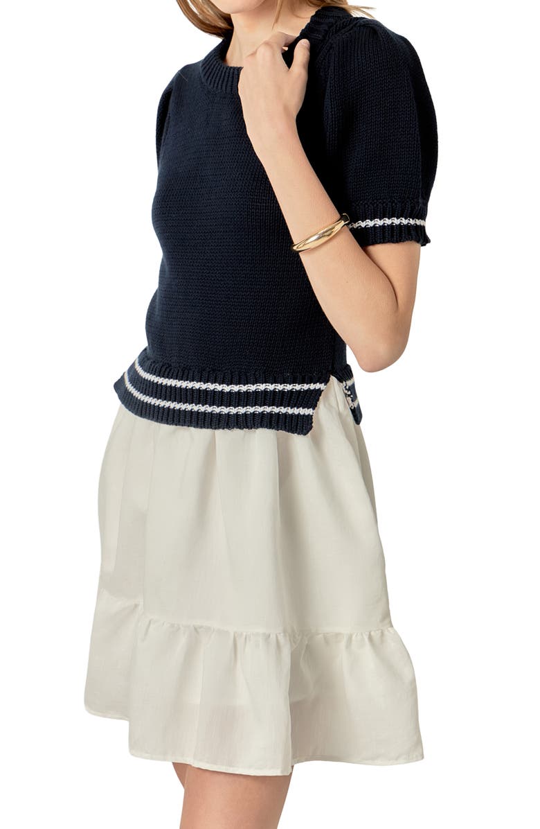 English Factory Mixed Media Minidress, Alternate, color, Navy/ White