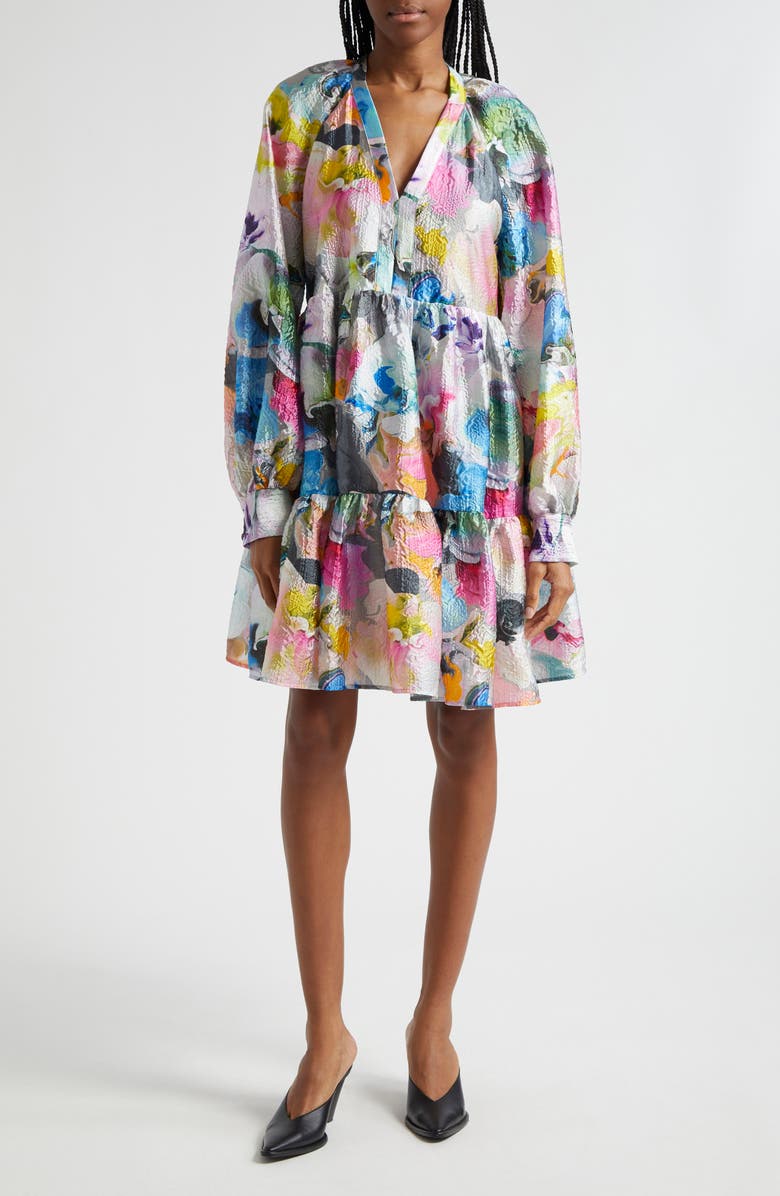 Stine Goya Jasmine Orchid Print Long Sleeve Cloqué Tiered Dress, Main, color,