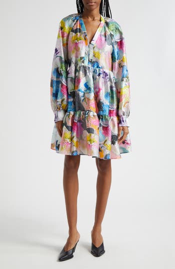 Stine Goya Jasmine Orchid Print Long Sleeve Cloqué Tiered Dress