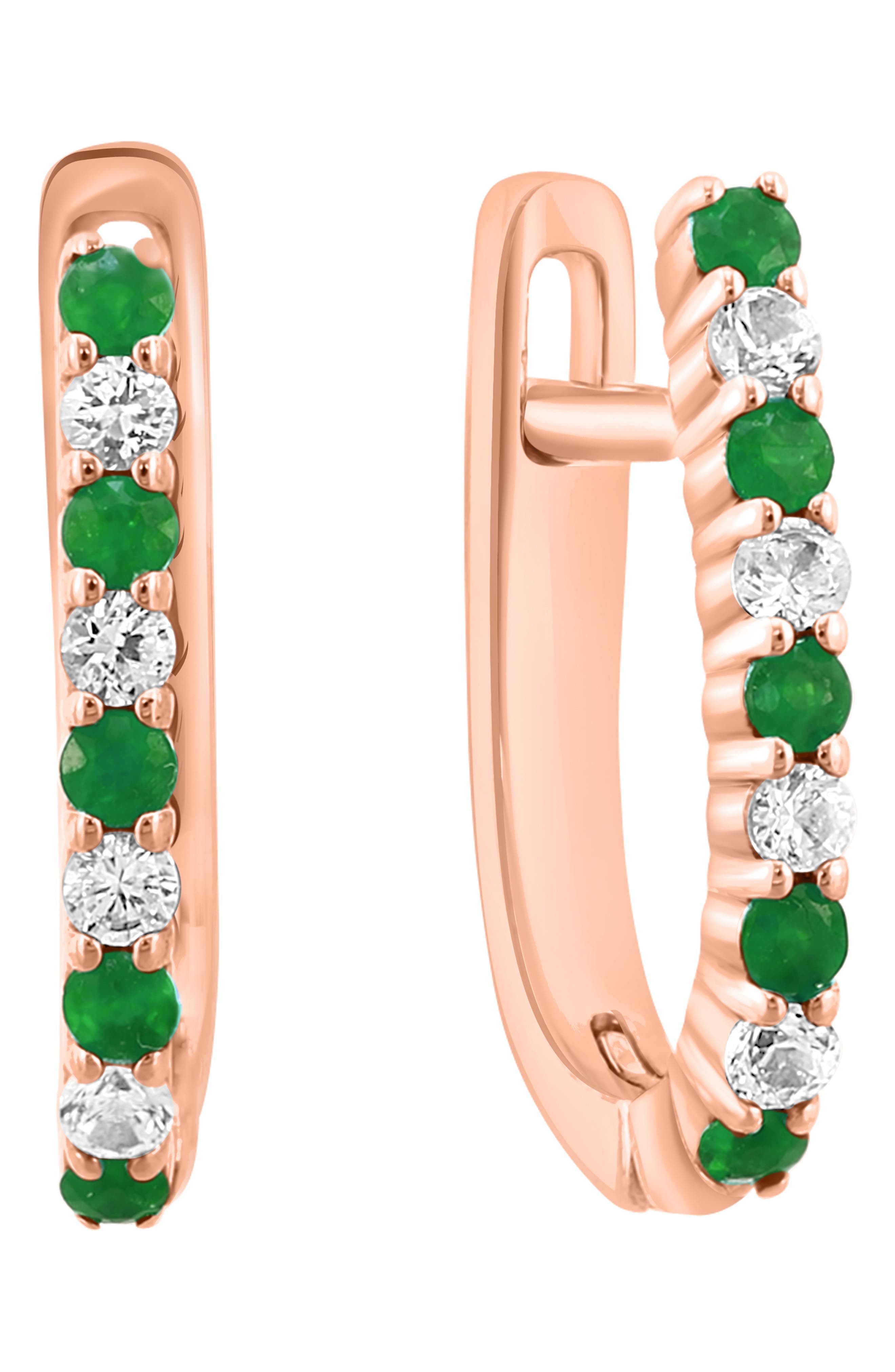 14k Rose Gold Diamond and Emerald Hoop Earrings