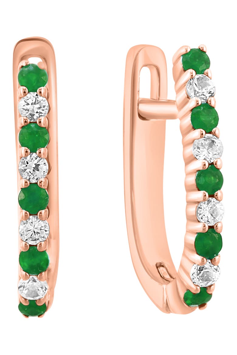 14k Rose Gold Diamond and Emerald Hoop Earrings, Main, color, GREEN