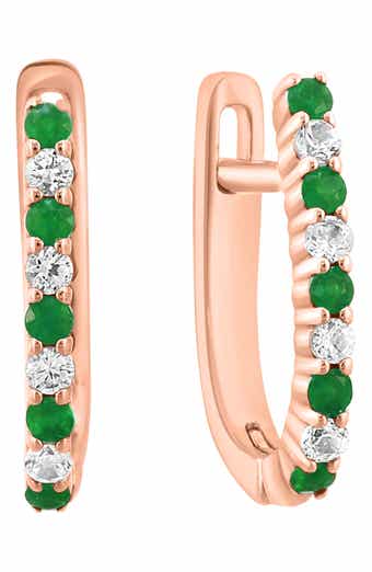 14k Rose Gold Diamond and Emerald Hoop Earrings