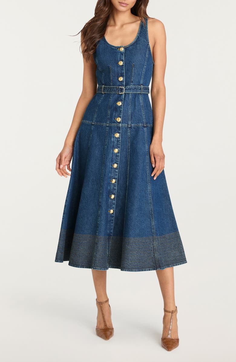 Cinq à Sept Kehlani Belted Sleeveless Midi Dress, Main, color, Tide