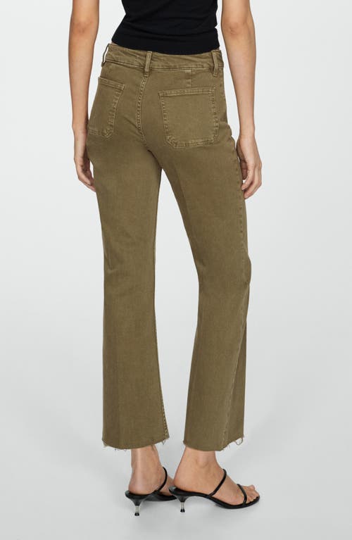 Mango Alex Raw Hem Patch Pocket Crop Flare Jeans In Khaki Green
