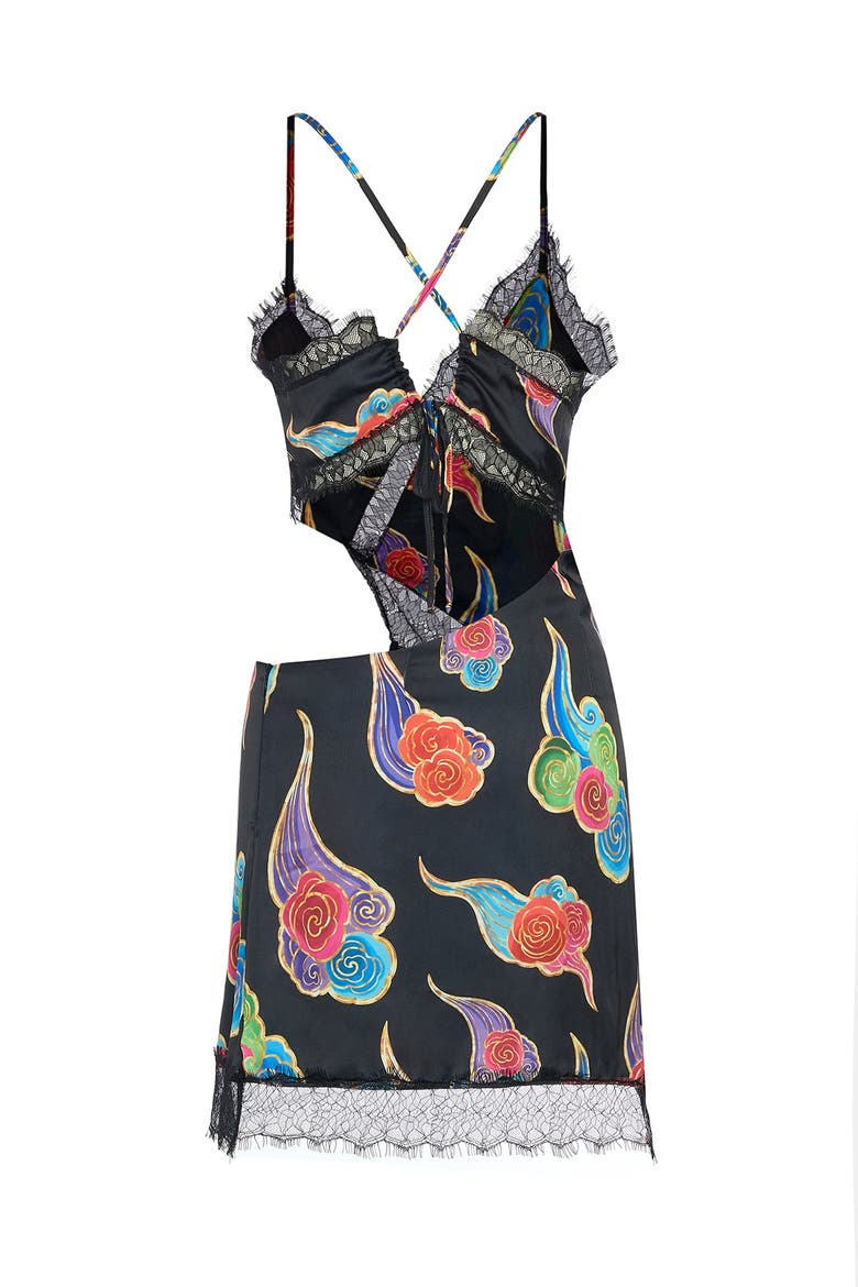 Sora Cloud Print Mini Dress With Lace Trim, Alternate, color, Black