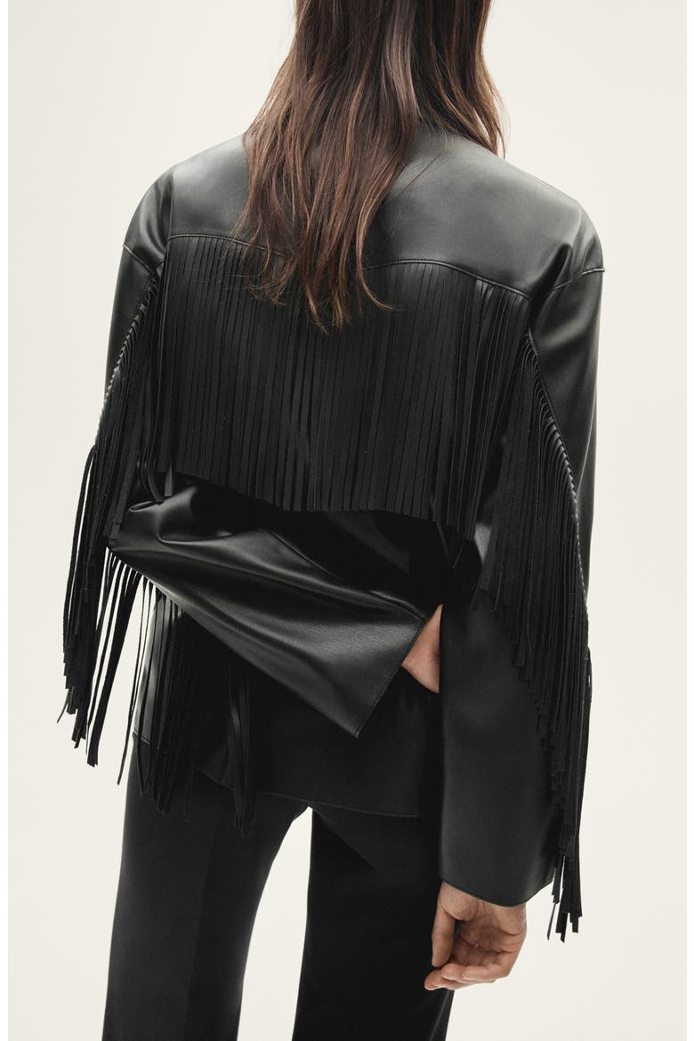 Fringe Trim Faux Leather Jacket, Alternate, color, BLACK