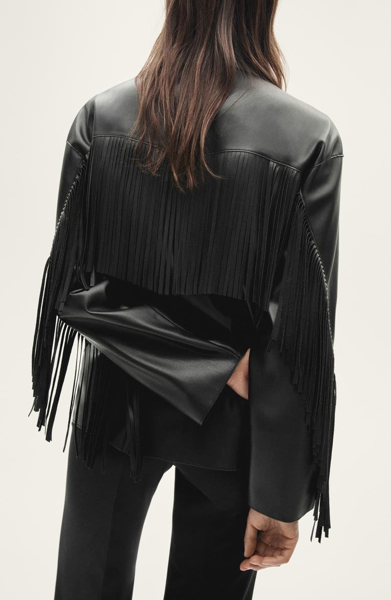 MANGO Fringe Trim Faux Leather Jacket, Alternate, color, Black