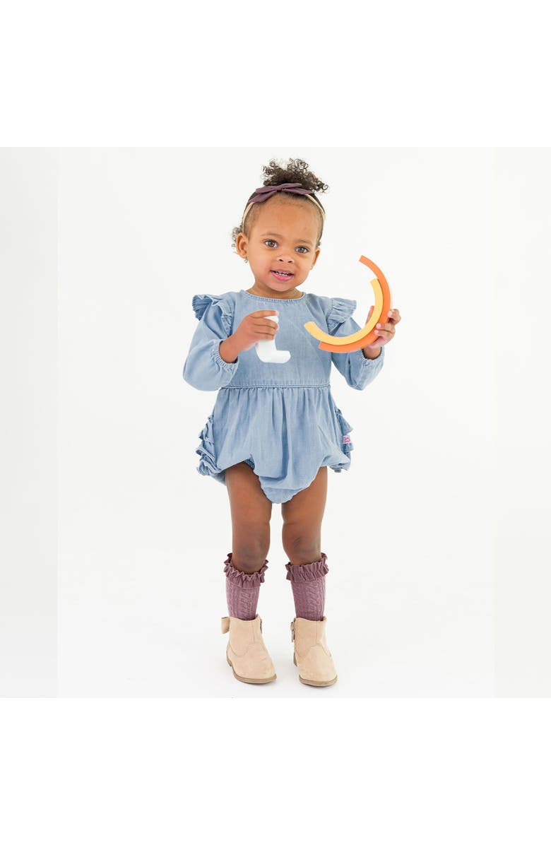 RuffleButts Long Sleeve Flutter Bubble Romper, Alternate, color, Light Wash