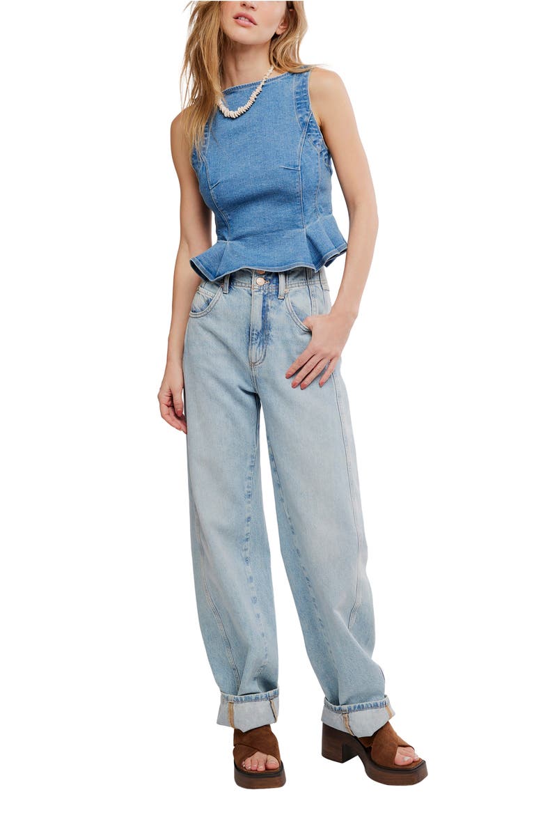 Sunfaded Denim Crop Peplum Top, Alternate, color, STEEL BLUE