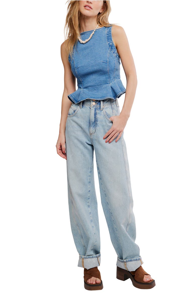 Free People Sunfaded Denim Crop Peplum Top, Alternate, color, Steel Blue