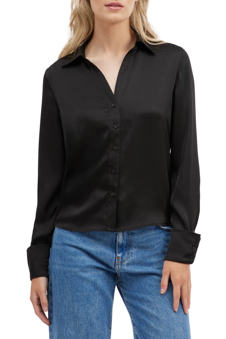 Satin Button-Up Shirt, Main, color, BLACK