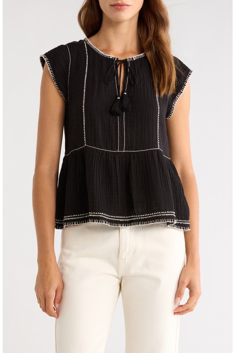 Embroidered Detail Cotton Tank, Main, color, 001 BLACK