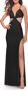 La Femme Jersey Prom Dress with Side Cut Outs and Tie Back