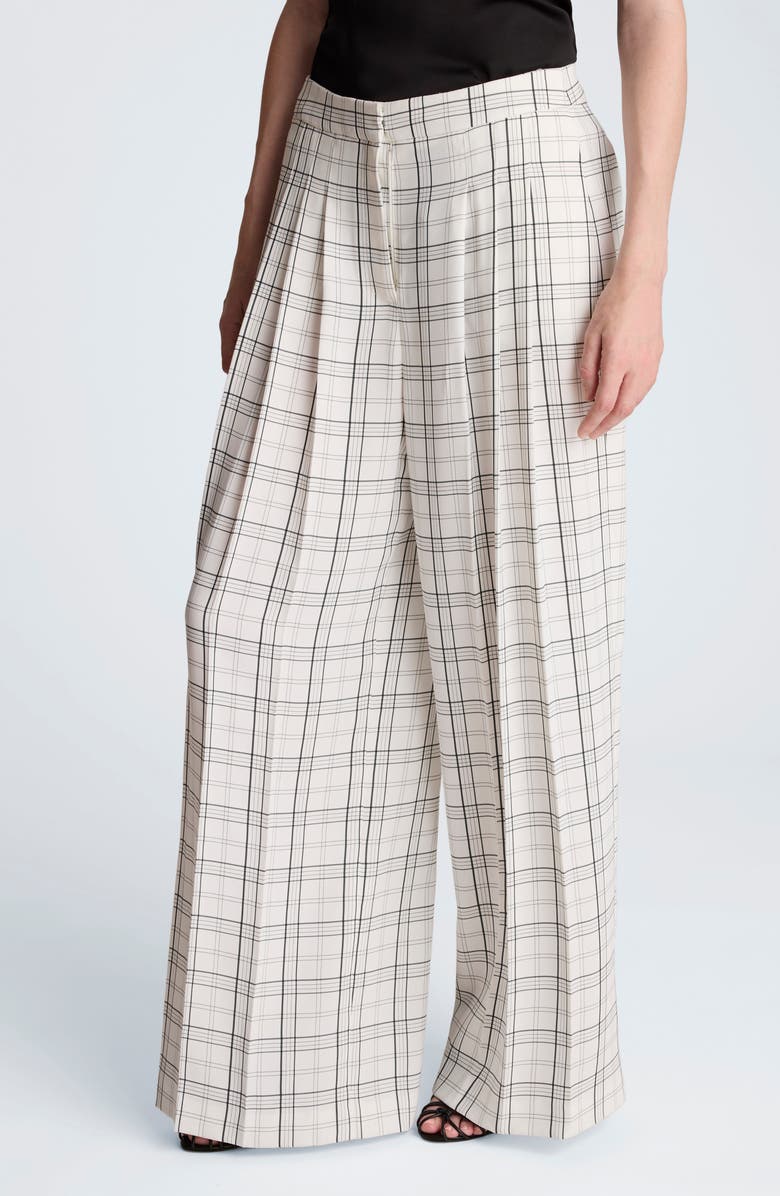Kenneth Cole Plaid High Waist Triple Pleat Wide Leg Pants, Alternate, color, Feather White/ Black