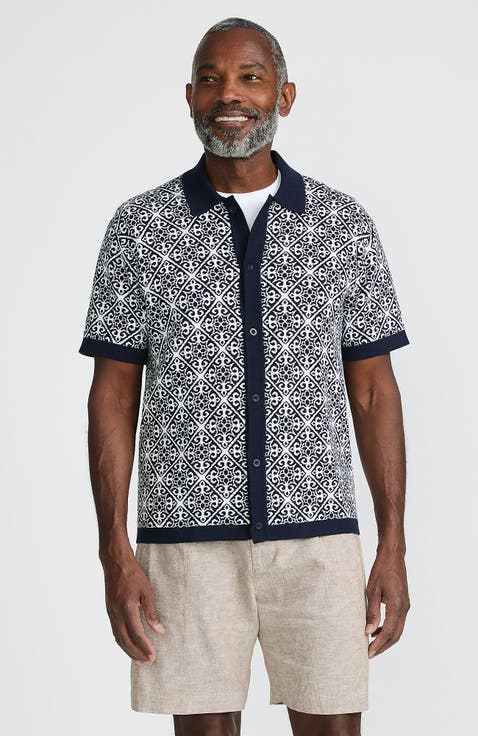 Short Sleeve Tile Jacquard Button Down Sweater Polo