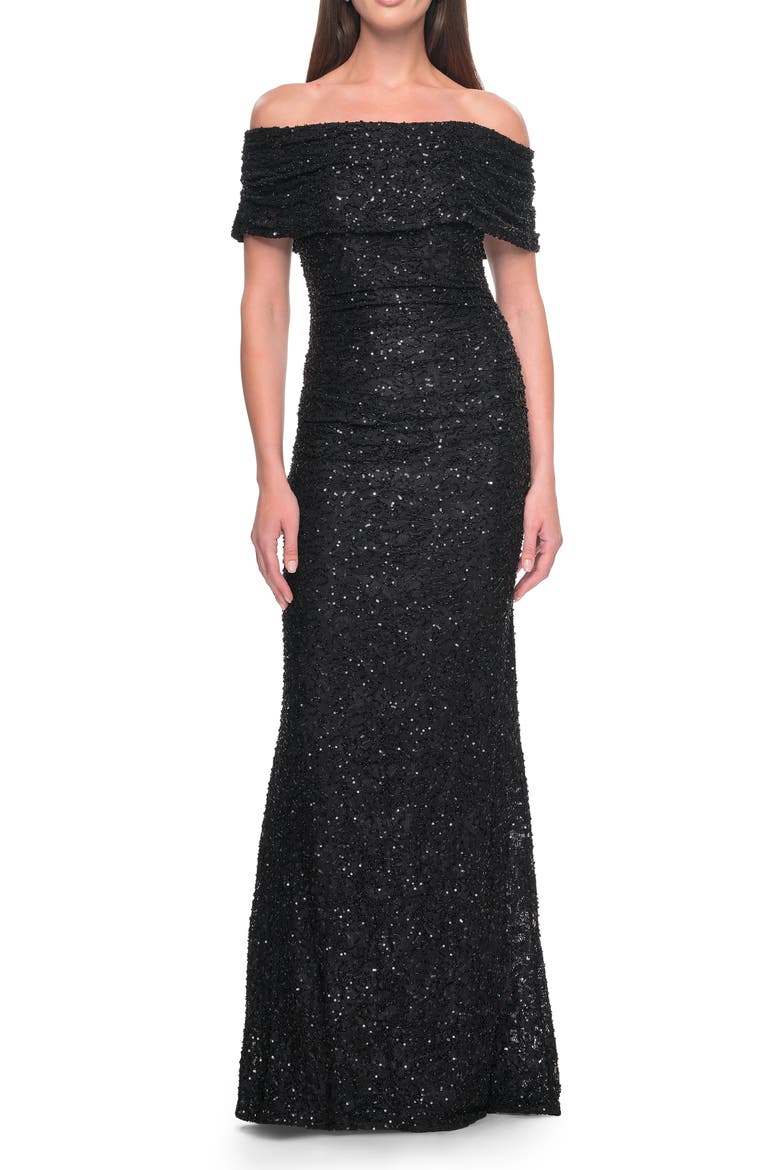 Off the Shoulder Ruched Beaded Lace Evening Gown, Alternate, color, Black