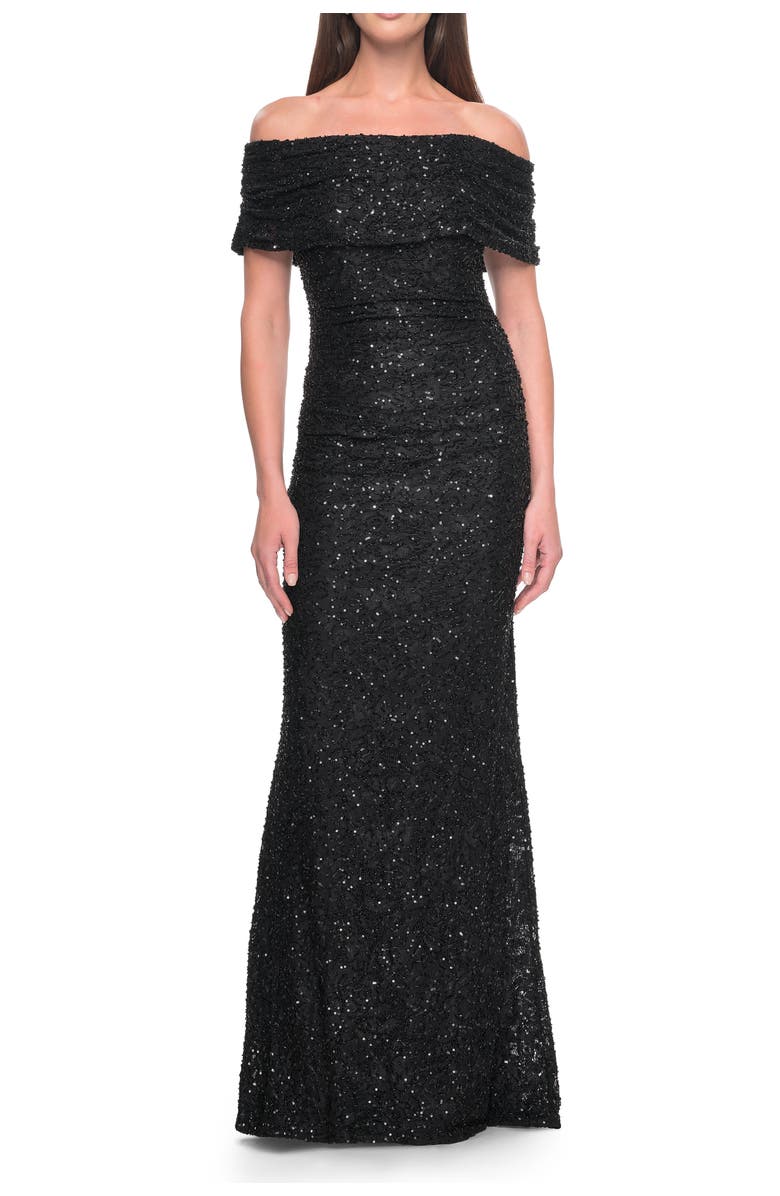 La Femme Off the Shoulder Ruched Beaded Lace Evening Gown, Alternate, color, Black