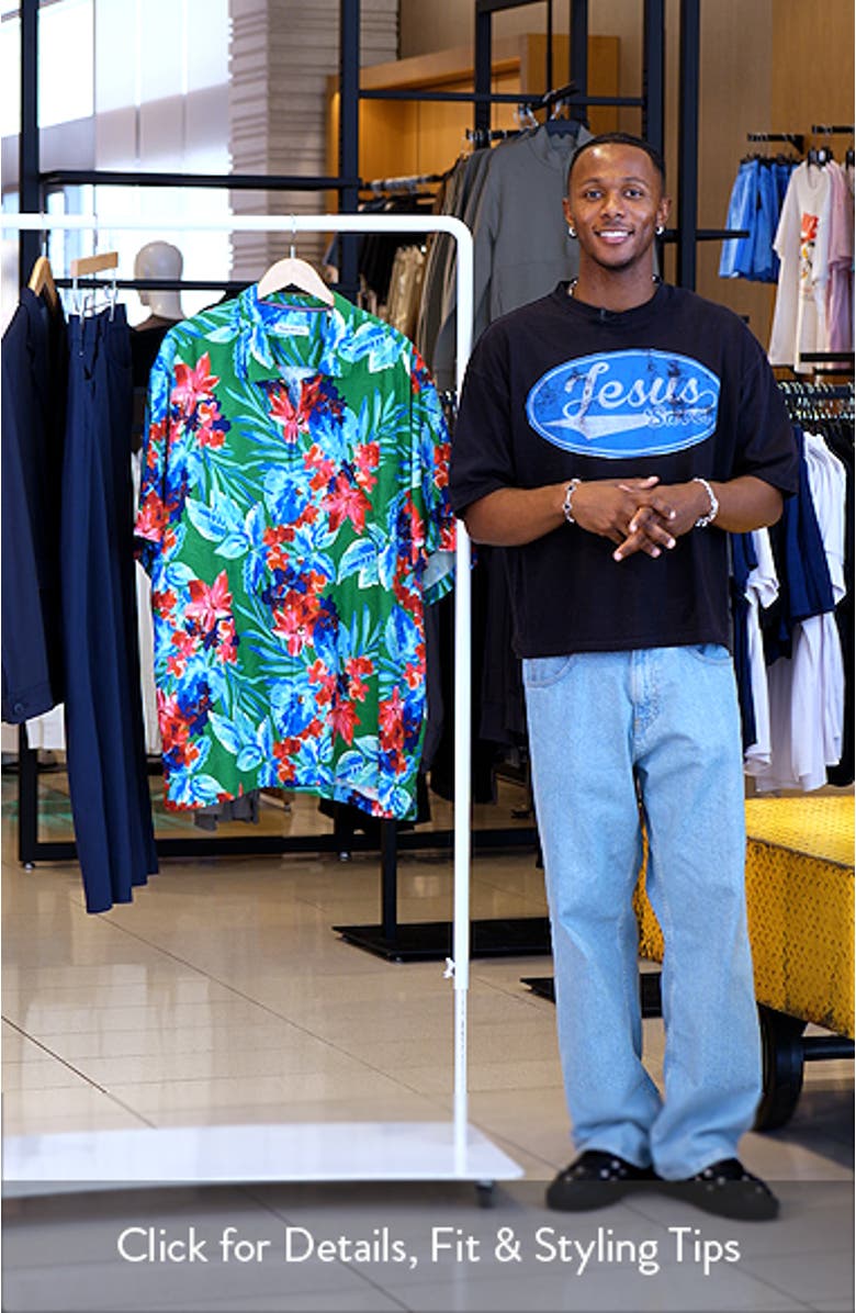 Painterly Botanic Floral Short Sleeve Silk Button-Up Shirt, sales video thumbnail