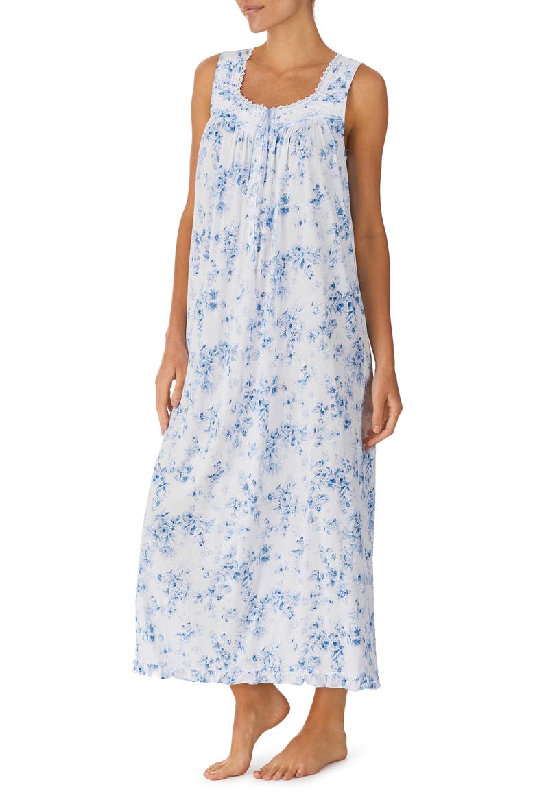Floral Print Cotton Ballet Nightgown, Alternate, color, WHITE BLUE
