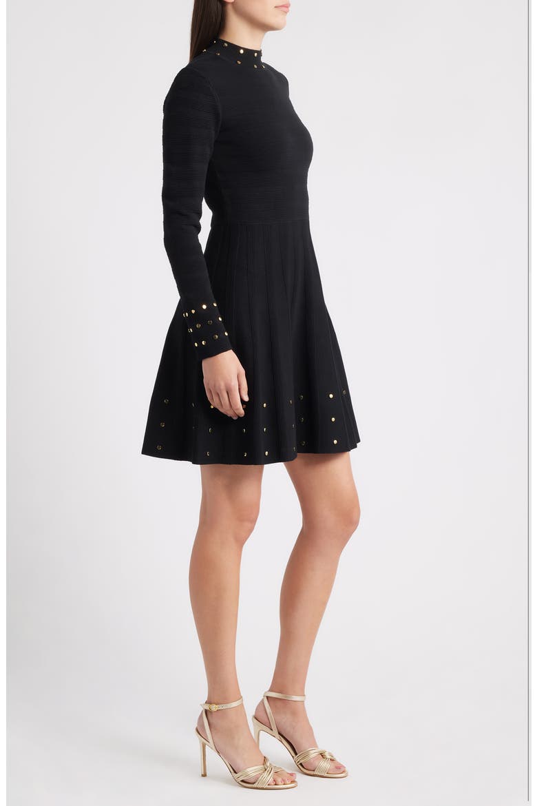 Metallic Rivet Detail Long Sleeve Fit & Flare Ottoman Knit Dress, Alternate, color, BLACK