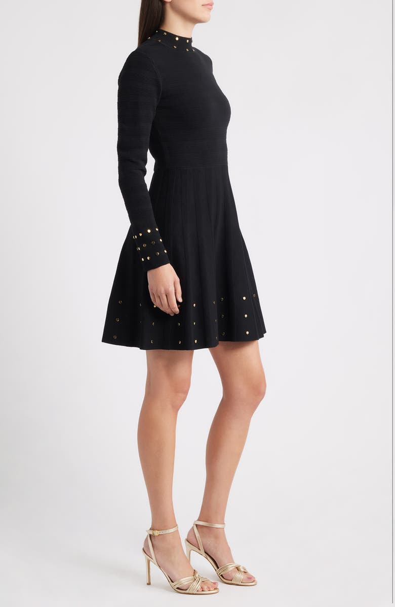 Vince Camuto Metallic Rivet Detail Long Sleeve Fit & Flare Ottoman Knit Dress, Alternate, color,