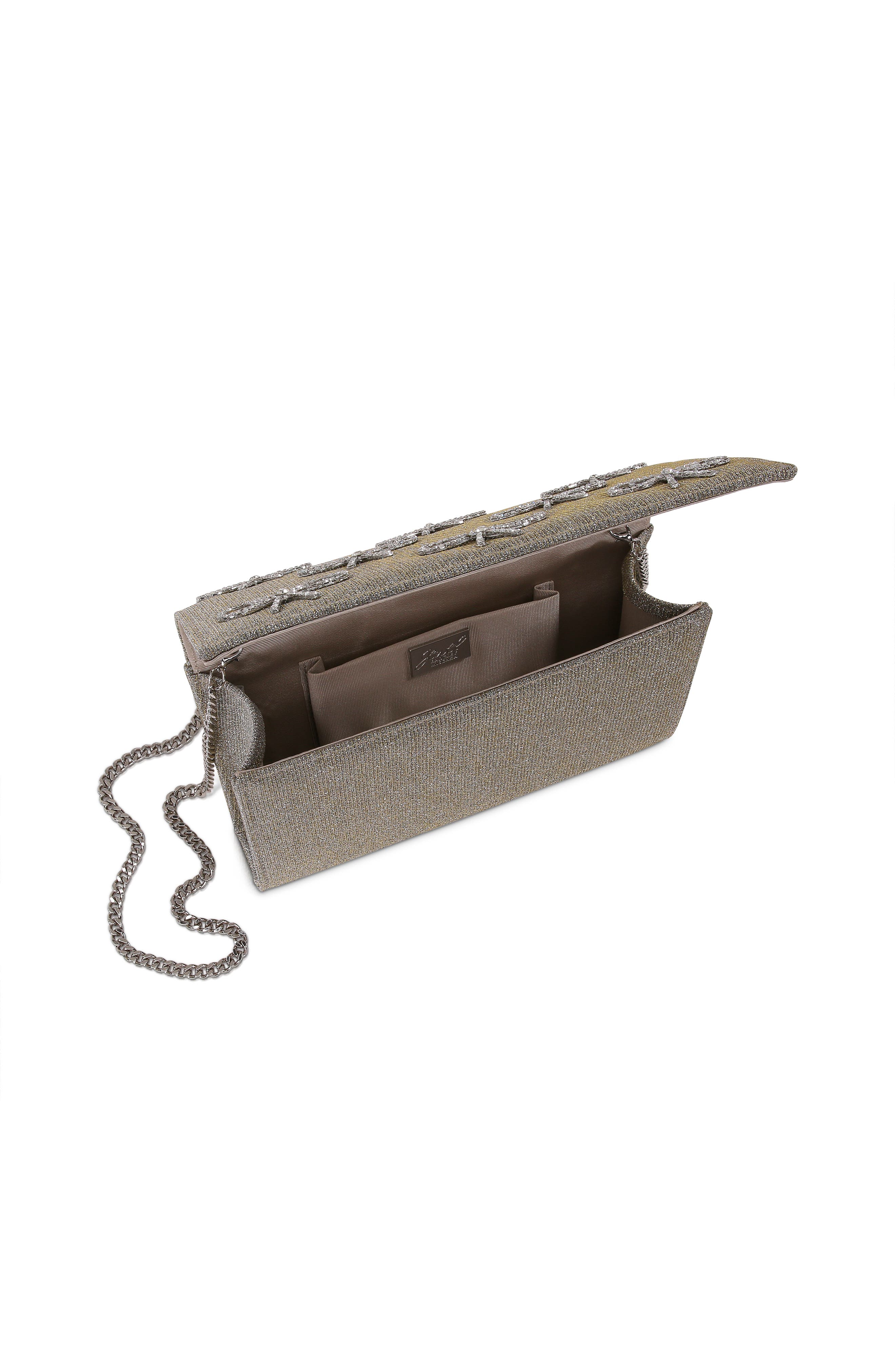 Jewel Badgley Mischka Julia Crystal Bow Flap Clutch, Alternate, color, Silvergold