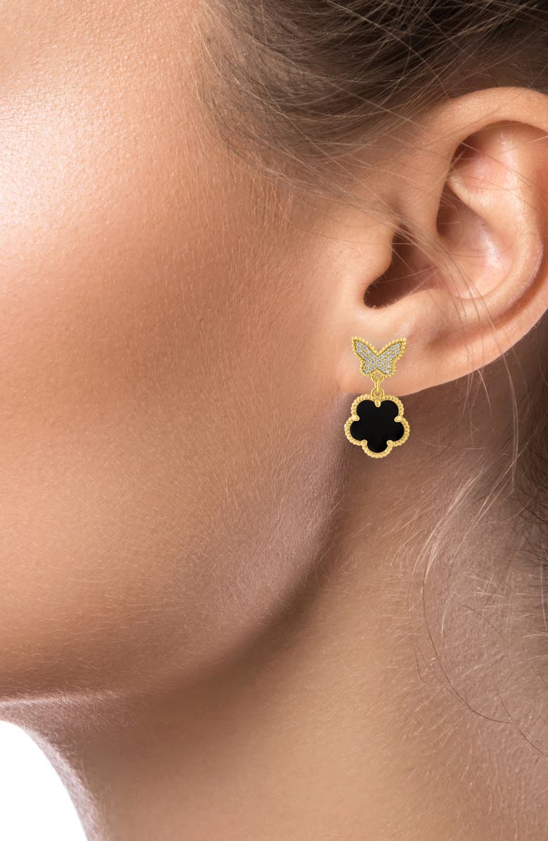 CZ by Kenneth Jay Lane Cubic Zirconia Pavé Butterfly Clover Drop Earrings, Alternate, color, Black/Gold