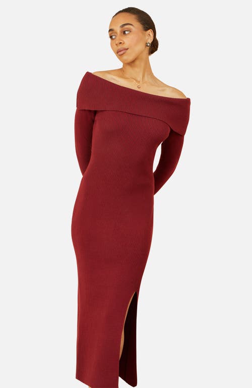 Yumi Bardot Knitted Fitted Midi Dress In Burgundy