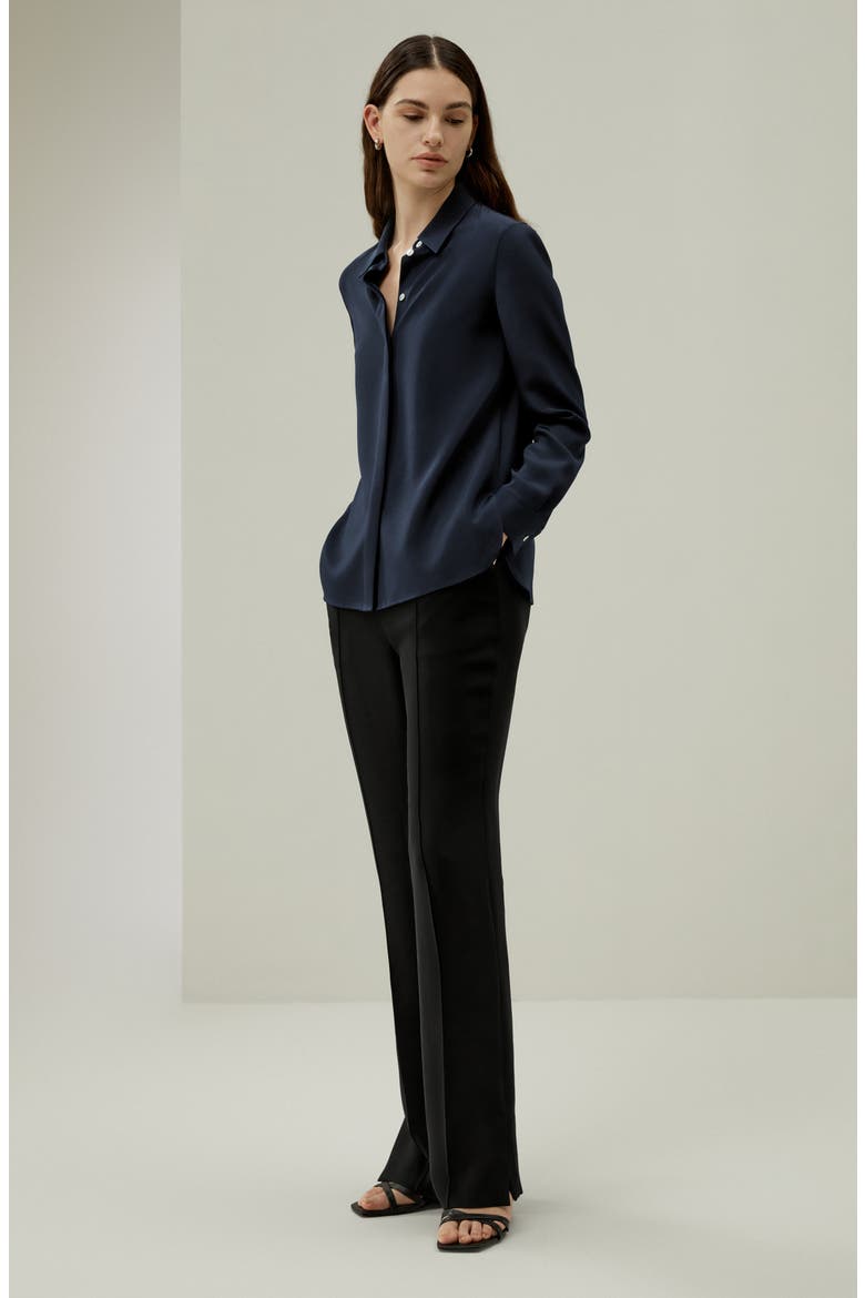 Women's Graceful Button Up Silk Blouse, Alternate, color, Midnight Blue