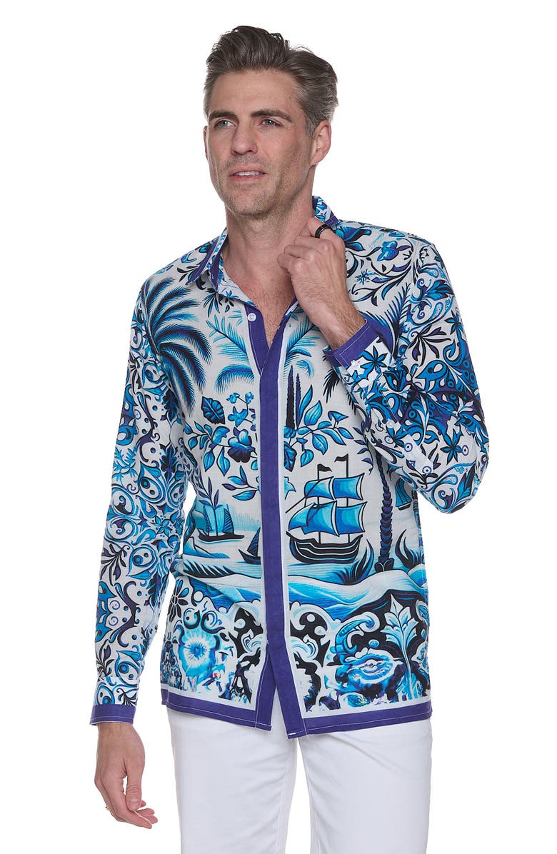 RANEES Extra Trim Fit Print Linen & Cotton Button-Up Resort Shirt, Alternate, color, Blue