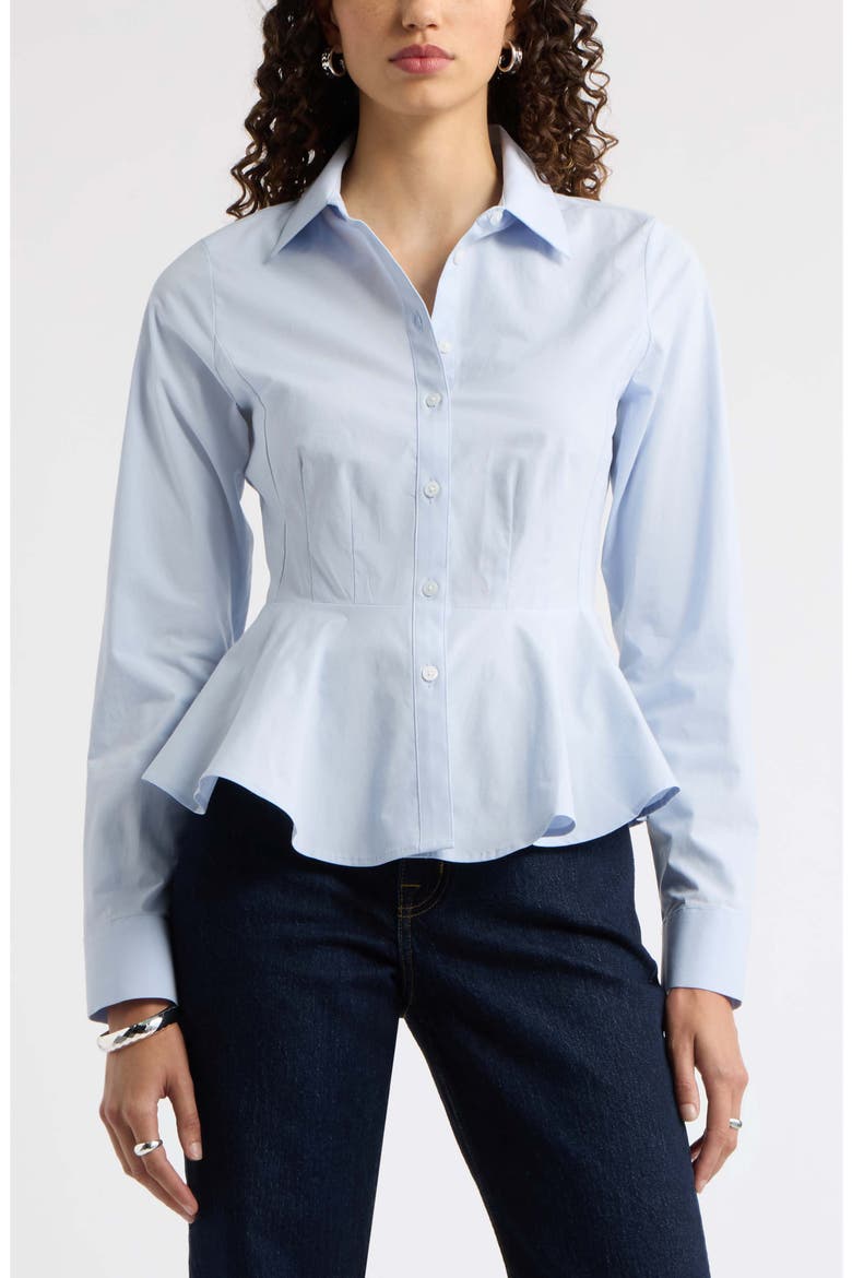 Stretch Cotton Poplin Peplum Shirt, Main, color, BLUE DUSK