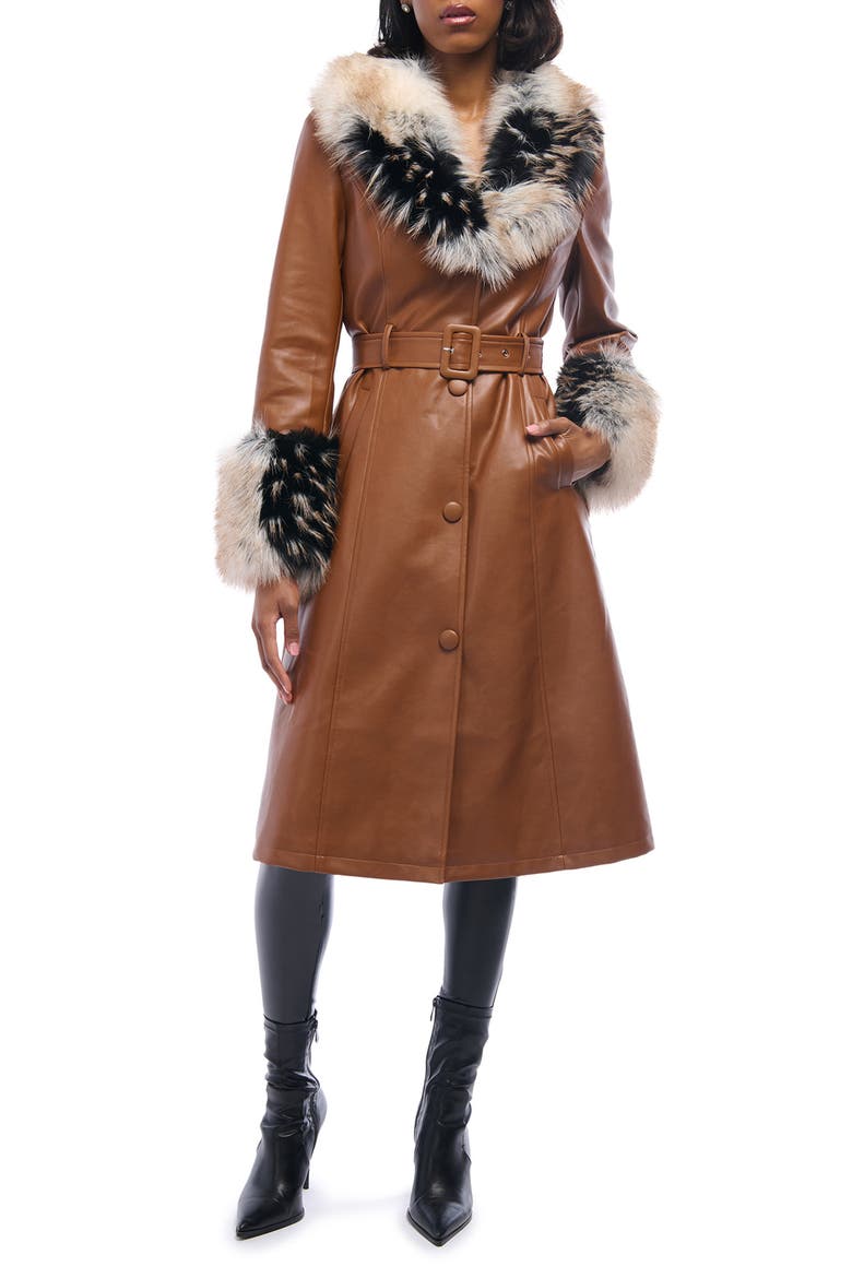 Kaya Faux Leather & Faux Fur Coat, Main, color, BROWN