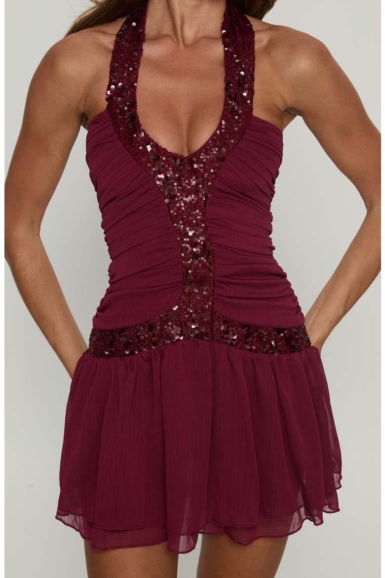 Aisleigh Sequin Ruched Halter Minidress, Alternate, color, BERRY