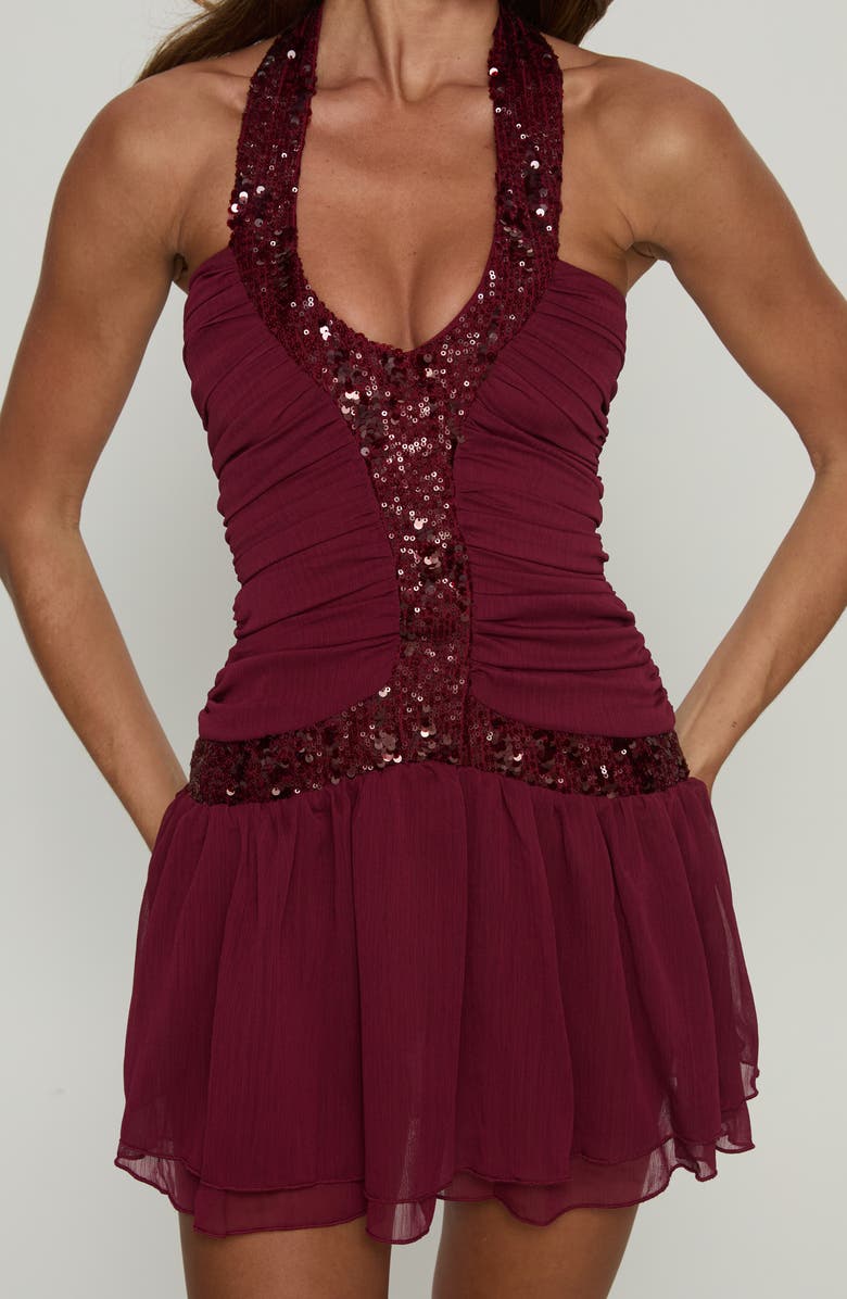 Princess Polly Aisleigh Sequin Ruched Halter Minidress, Alternate, color, Berry