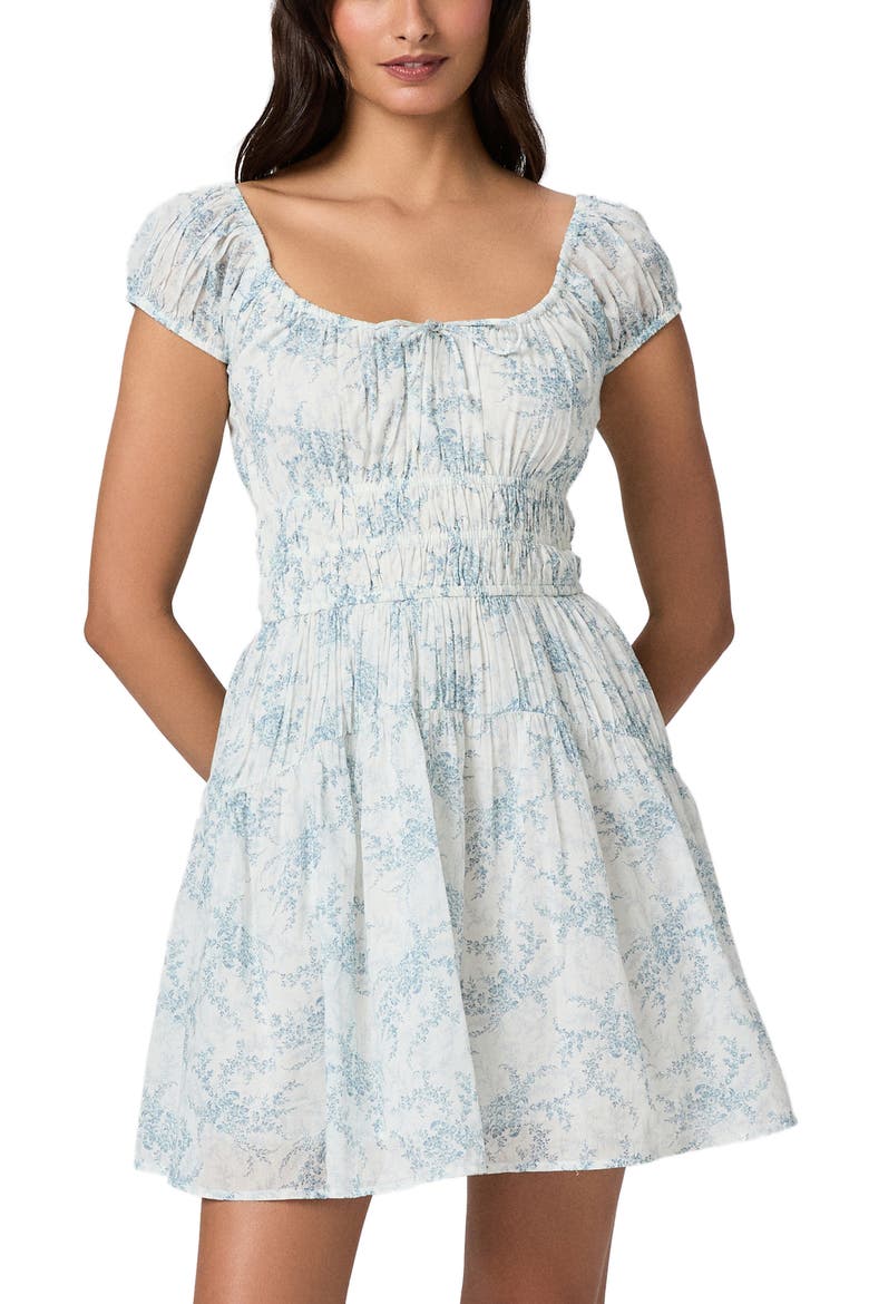 Rosewood Shirred Bodice Cotton Mini Sundress, Alternate, color, WHITE / SURF