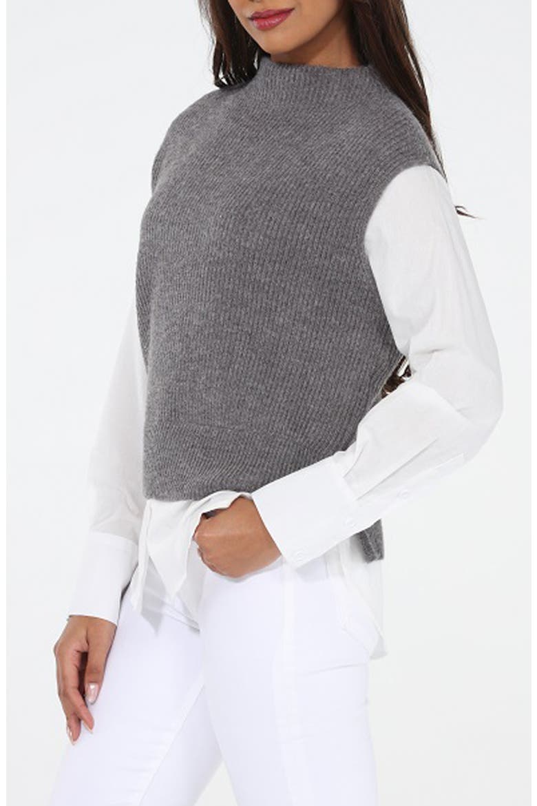 Mixed Media Layered Look Funnel Neck Sweater Vest, Alternate, color, GREY