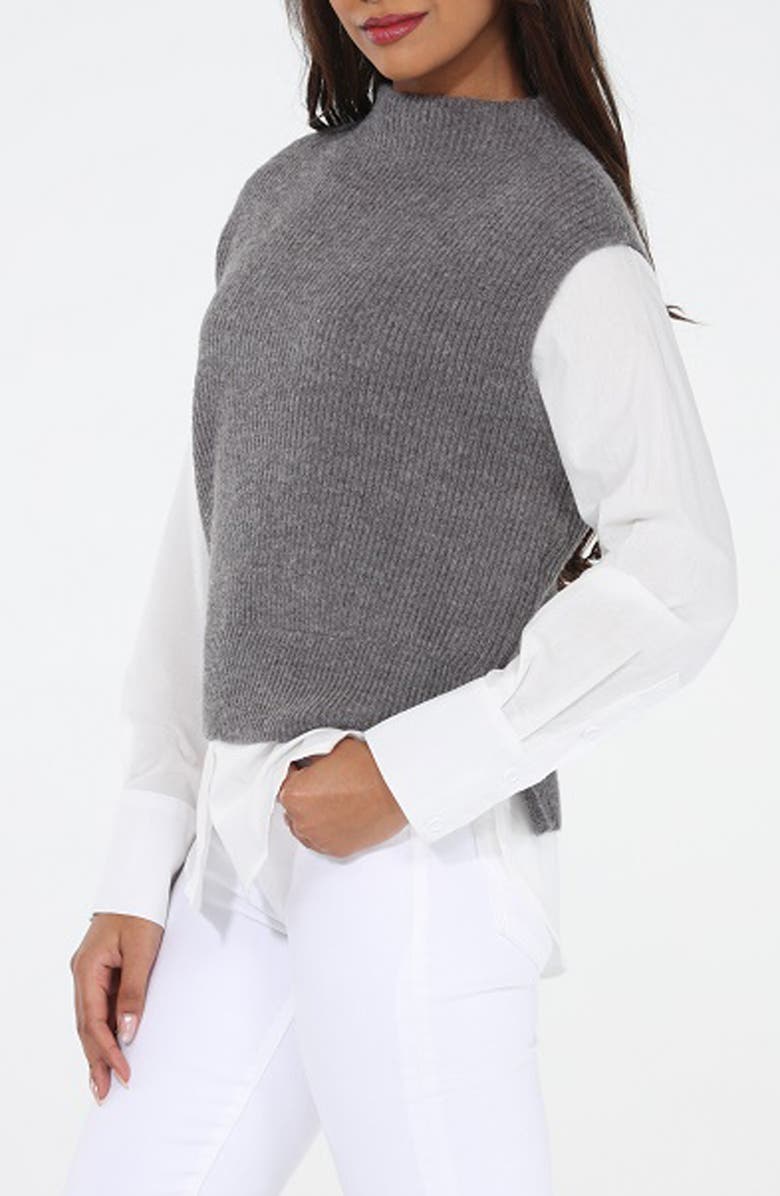 RAIN AND ROSE Mixed Media Layered Look Funnel Neck Sweater Vest, Alternate, color, Grey