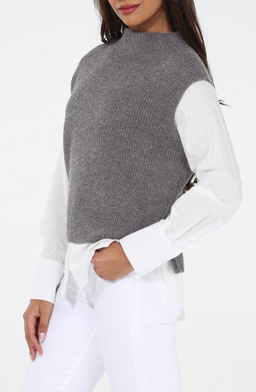 Rain And Rose Mixed Media Layered Look Funnel Neck Sweater Vest In Gray