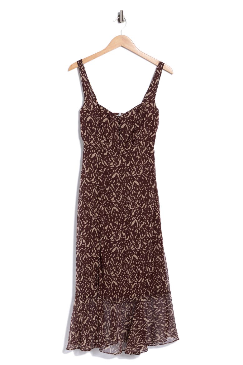 Keyhole Ruffle Hem Midi Dress, Alternate, color, BROWN ABSTRACT