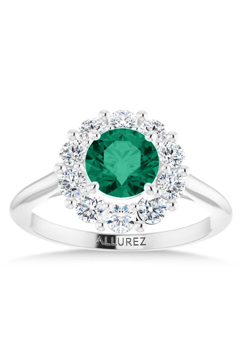 Round Lab Emerald & Diamond Halo Ring 14K 1.28ct, Alternate, color, Emerald/White Gold