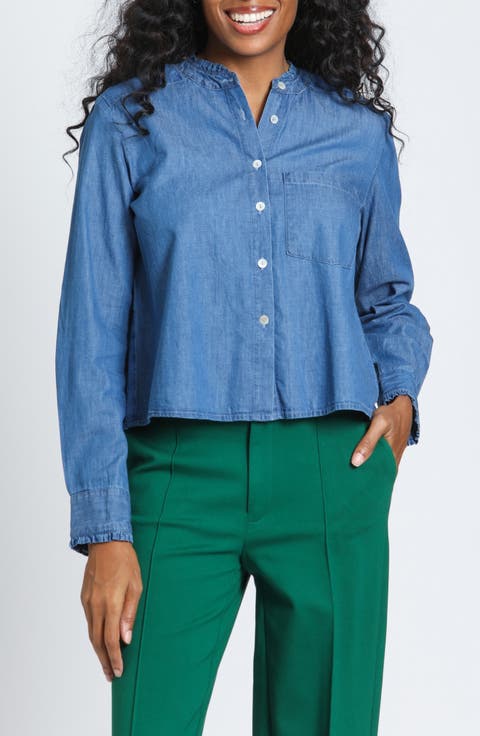 Ruffle Trim Cotton Chambray Crop Button-Up Shirt