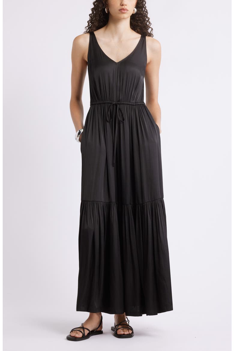 Sleeveless Satin V-Neck Maxi Dress, Main, color, BLACK