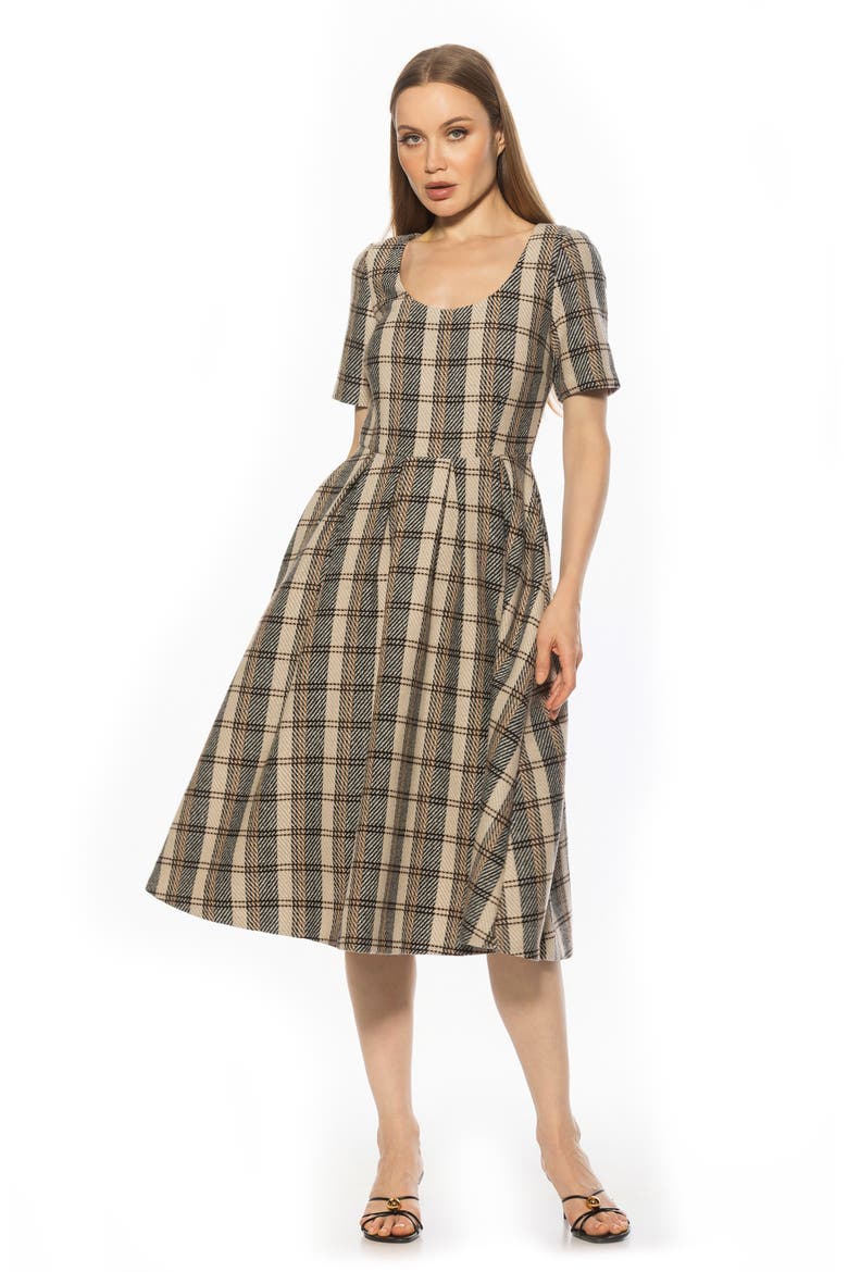 Imani Short Sleeve Pleated Dress, Alternate, color, BROWN PLAID