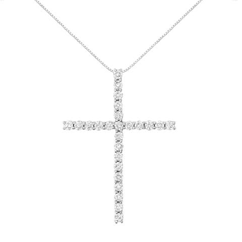 Silver 3.0 Cttw Diamond 1-1/2" Cross Pendant with Box Chain Necklace