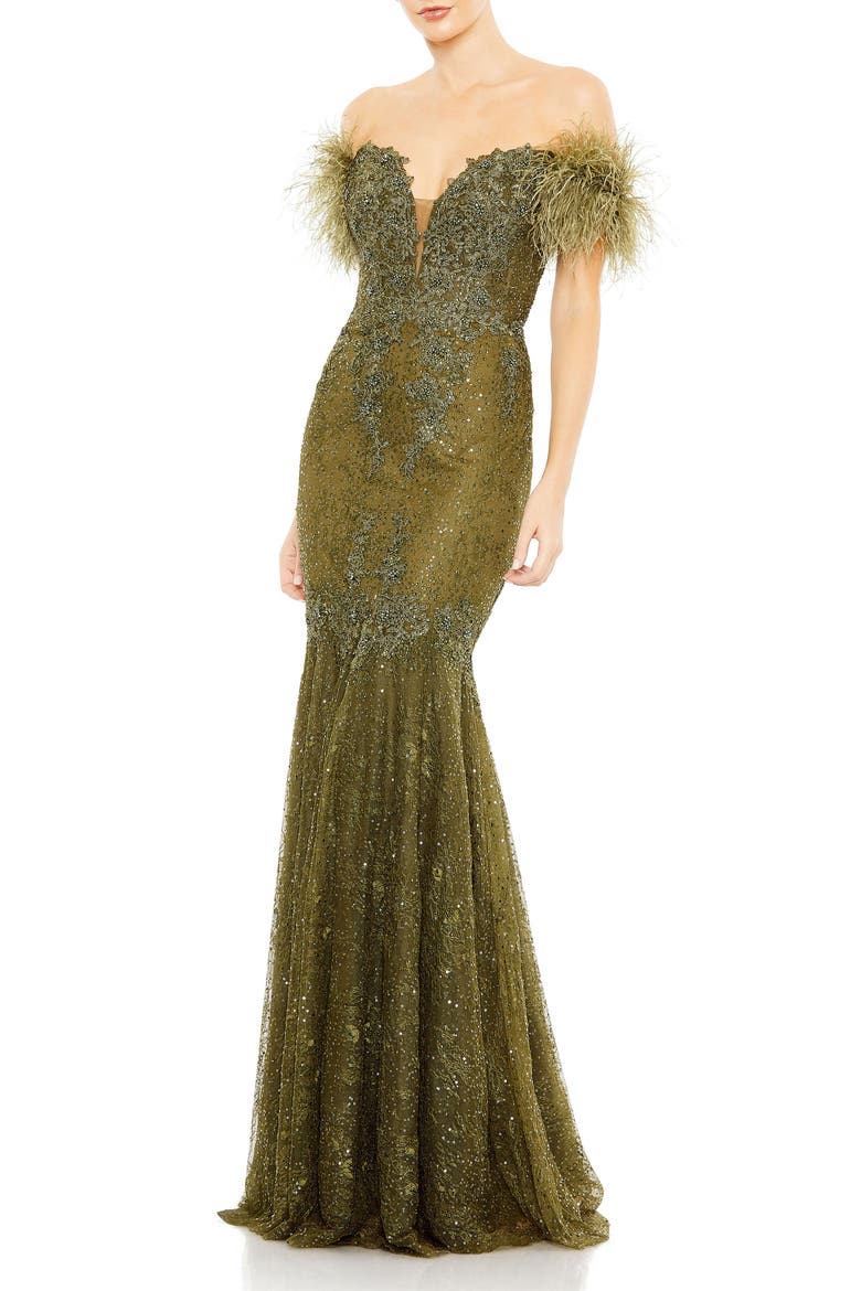 Beaded Feather Trim Off the Shoulder Mermaid Gown, Main, color, OLIVE