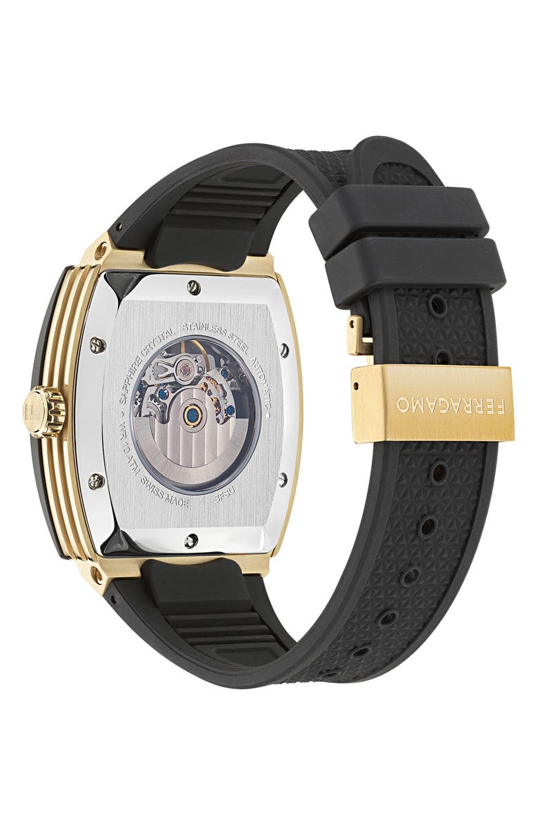 FERRAGAMO F-80 Tonneau Skeleton Silicone Strap Watch, 42mm, Alternate, color,