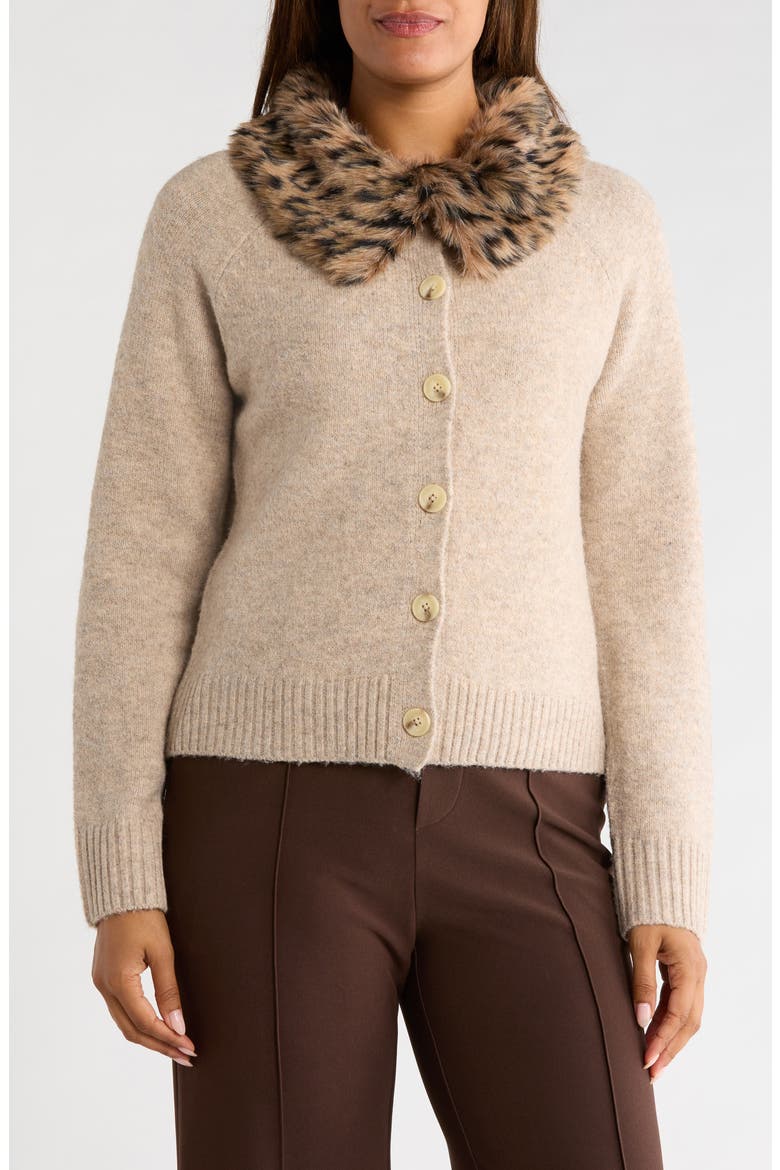 Removable Faux Fur Collar Cardigan, Main, color, OATMEAL/ LEOPARD