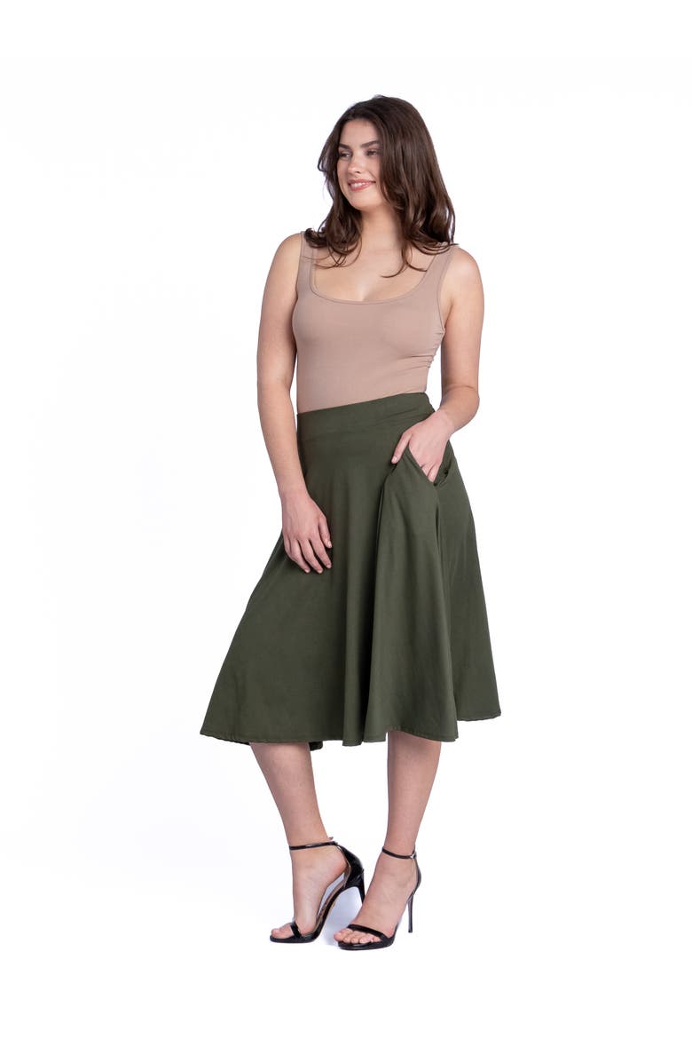 Elastic Waist Pleated Pocket Midi Skirt, Alternate, color, Olive