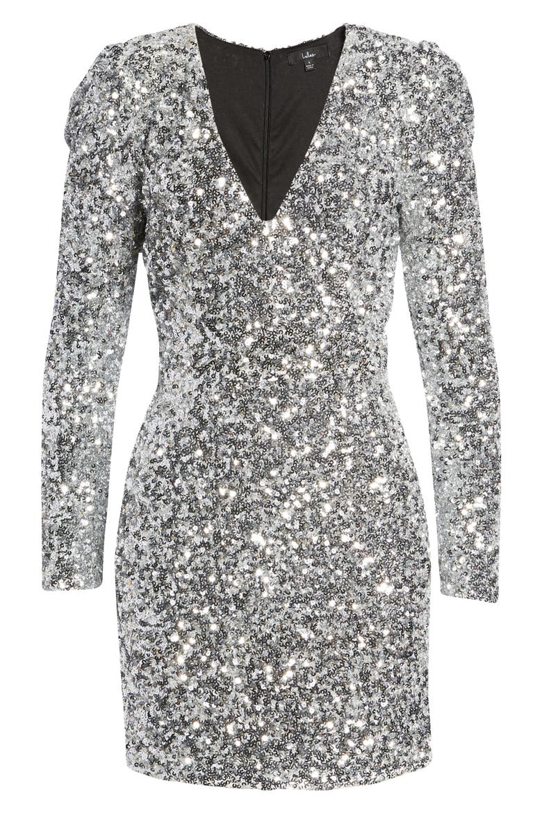 Brand New You Sequin Long Sleeve Body-Con Minidress, Alternate, color, SILVER