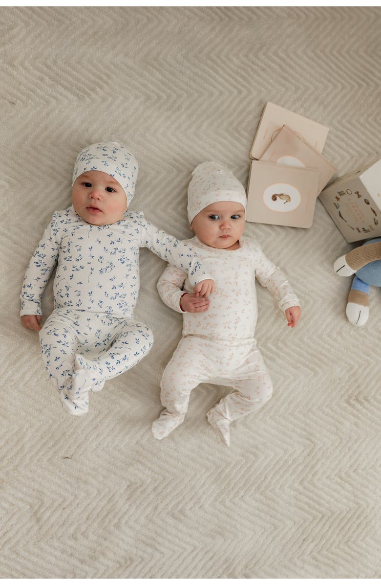 Fragile Boy Leaves Print Romper Set with Hat, Alternate, color, Powder/Navy